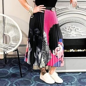 Hot Pink and Black Hip Style Long Pleated Skirt